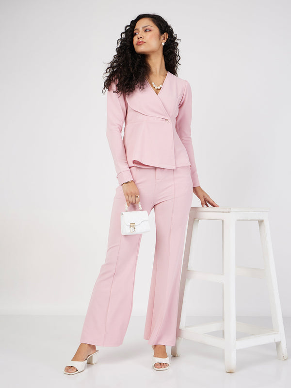 Women's Pink Wrap Peplum Top With Bellbottom Pants - Lyush