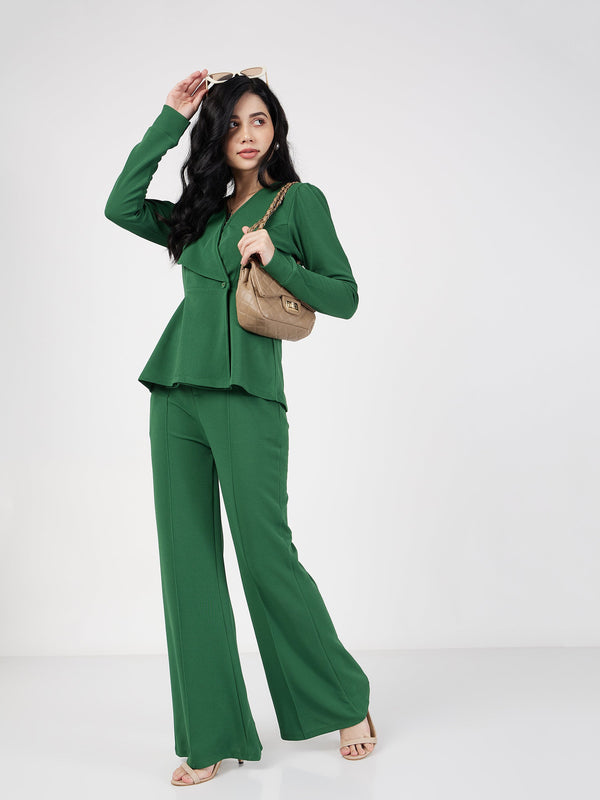 Women's Green Wrap Peplum Top With Bellbottom Pants - Lyush