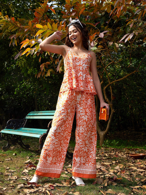 Women's Orange Floral Strappy Top With Palazzos - SASSAFRAS