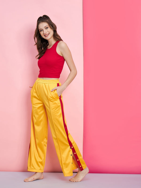 Women's Red Rib Crop Top With Yellow Side Button Track Pants - SASSAFRAS