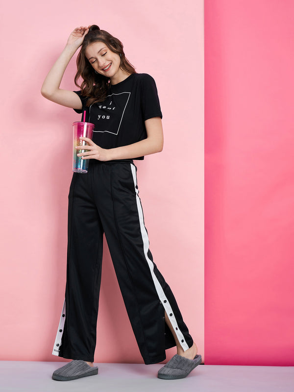 Women's Black I WANT YOU Boxy T-Shirt With Side Button Track Pants - SASSAFRAS