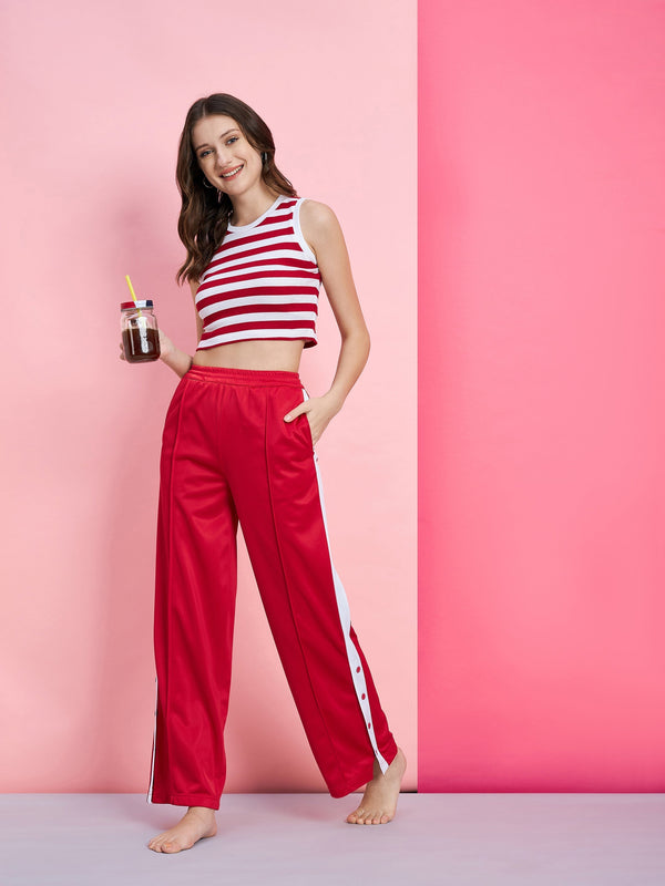 Women's Red & White Stripe Rib Crop Top With Red Side Button Track Pants - SASSAFRAS