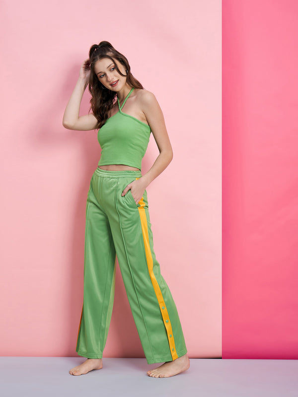 Women's Green Halter Rib Crop Top With Side Button Track Pants - SASSAFRAS