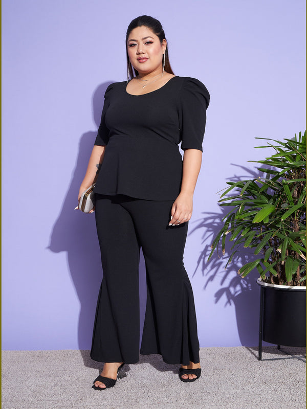 Women's Black Peplum Top With Kick Pleats Pants - SASSAFRAS