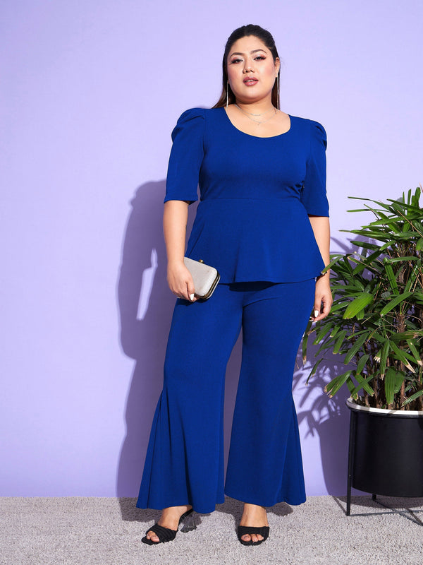 Women's Royal Blue Peplum Top With Kick Pleats Pants - SASSAFRAS