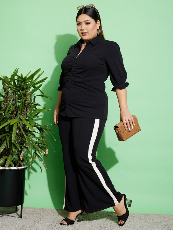 Women's Black Ruched Shirt With Side Tape Pants - SASSAFRAS