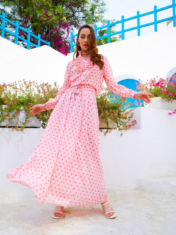 Women's Pink Polka Dot Pleated Shirt with Maxi Skirt - SASSAFRAS