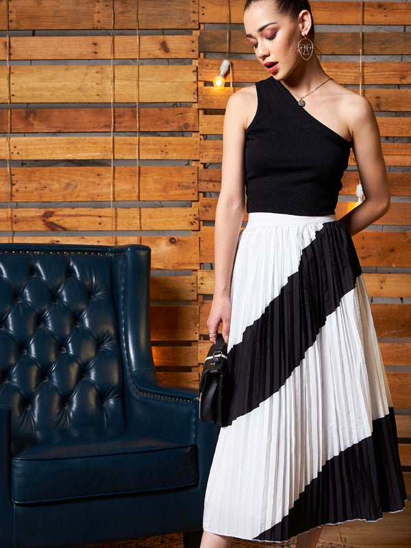 Women's Black Crop Top With Colour Block Pleated Skirt - SASSAFRAS