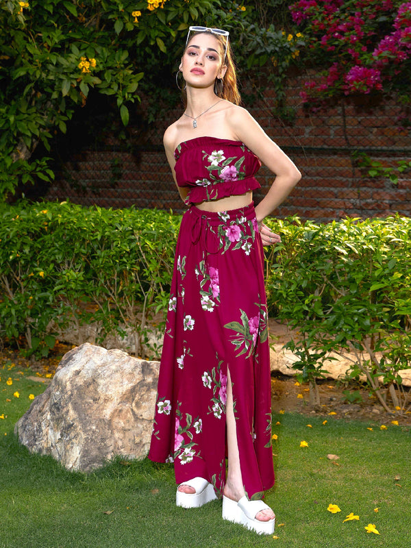 Women's Maroon Floral Tube Top With Maxi Skirt - SASSAFRAS