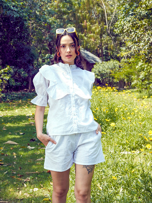 Women's White Schiffli Puff Sleeves Shirt With Paperwaist Shorts - SASSAFRAS