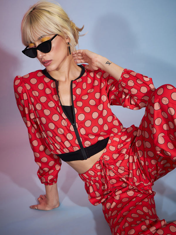 Women's Red Polka Jacket With Darted Pants - SASSAFRAS