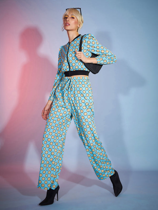 Women's Turquoise Polka Jacket With Darted Pants - SASSAFRAS