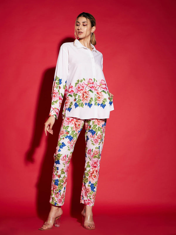 Women's White Floral Oversized Shirt With Tapered Pants - SASSAFRAS