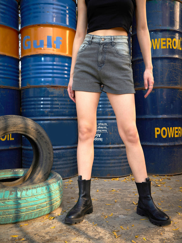 Women's Grey Acid Wash Denim Shorts - SASSAFRAS