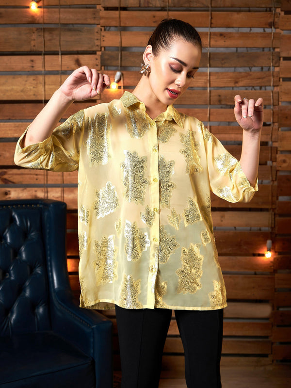 Women's Yellow Jacqaurd Boxy Shirt - SASSAFRAS