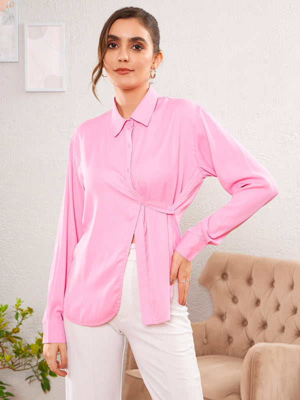 Women's Pink Satin Turn-Down Collar Blouse - SASSAFRAS