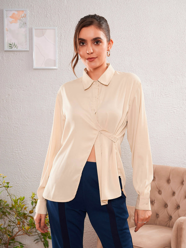 Women's Beige Satin Satin Turn-Down Collar Blouse - SASSAFRAS