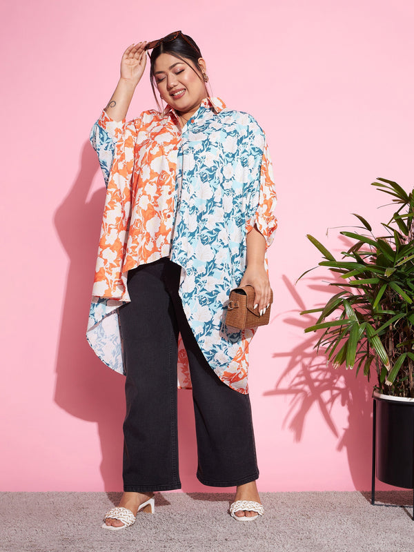 Women's Orange & Blue Floral ColourBlock Oversized Shirt - SASSAFRAS