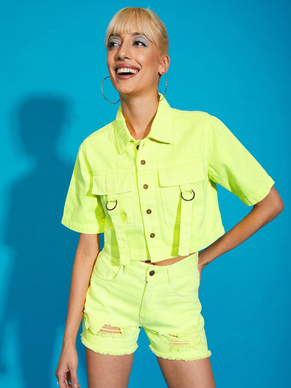 Women's Neon Yellow Denim Front Pocket Crop Shirt - SASSAFRAS