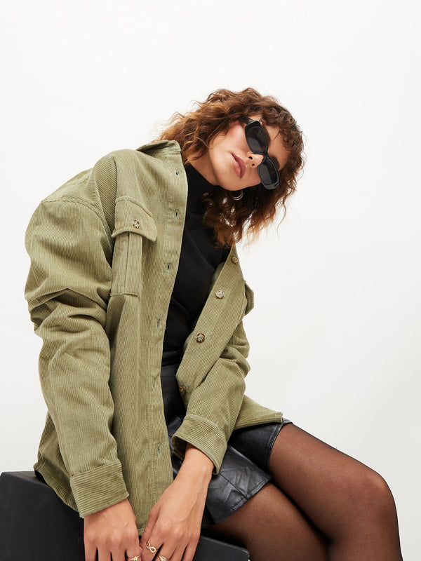 Women's Olive Corduroy Oversized Shirt - Lyush