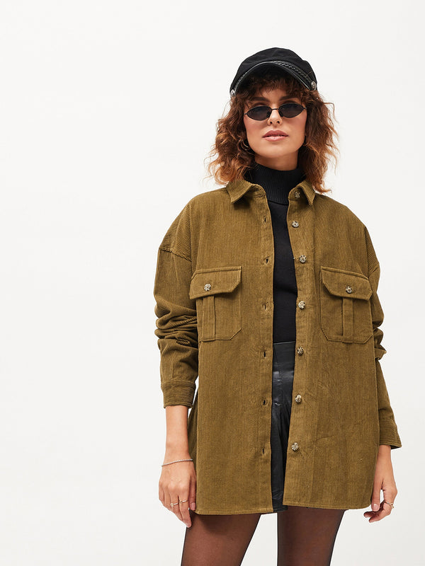 Women's Brown Corduroy Oversized Shirt - Lyush