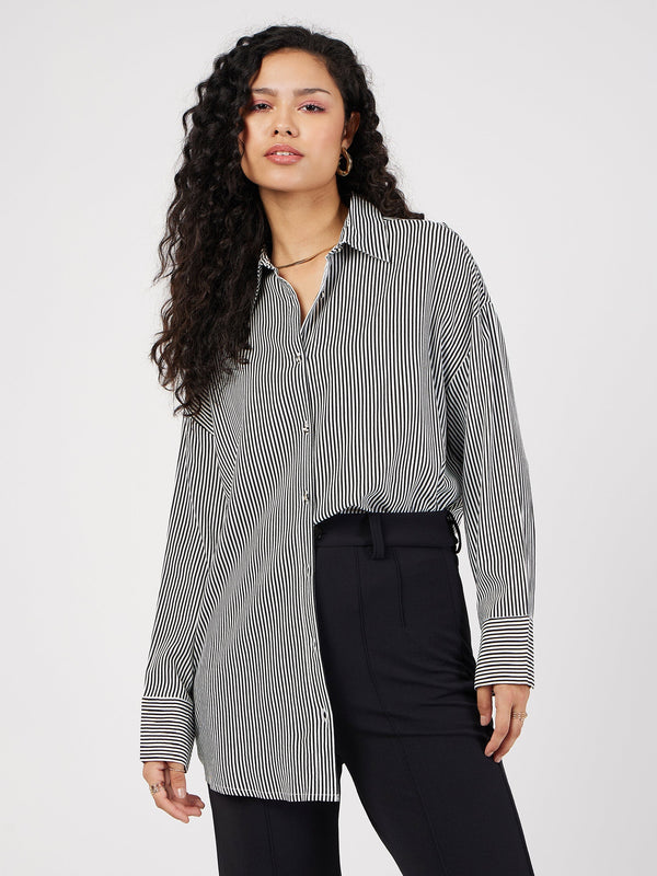 Women's Black & White Pinstriped Oversize Shirt - Lyush