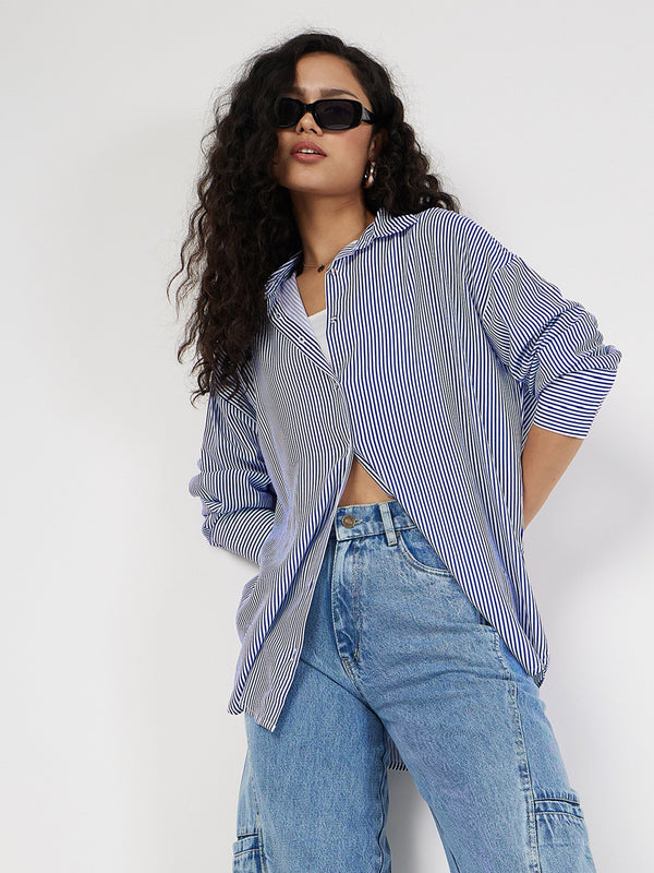 Women's Blue & White Pinstriped Oversize Shirt - Lyush