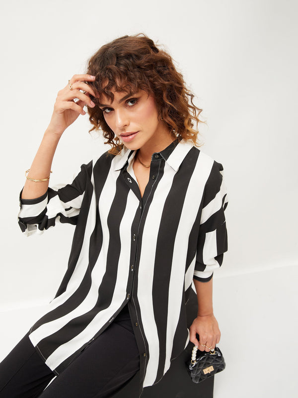 Women's Black & White Striped Oversize Shirt - Lyush