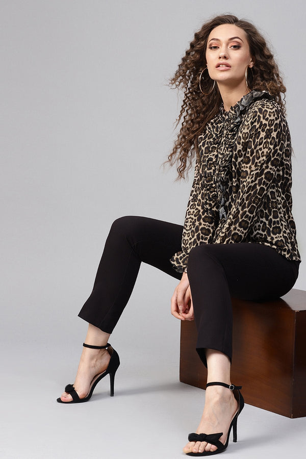 Women's Black Cheetah Cascading Ruffles Shirt - SASSAFRAS