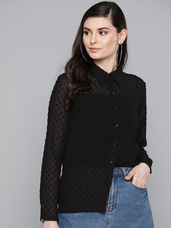 Women's Black Dobby Sheer Boxy Shirt - SASSAFRAS