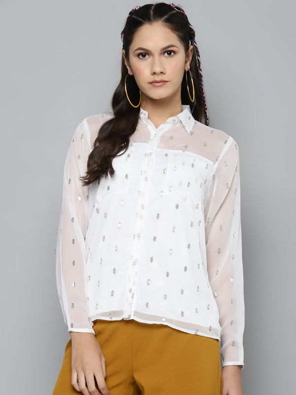 Women's White Lurex Sheer Shirt - SASSAFRAS