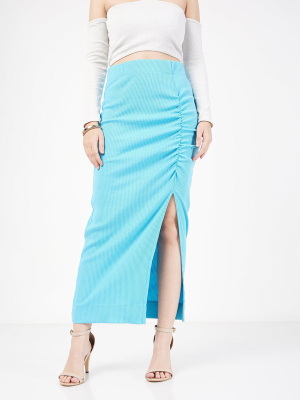 Women's Turquoise Rib Front Ruched Midi Skirt - Lyush