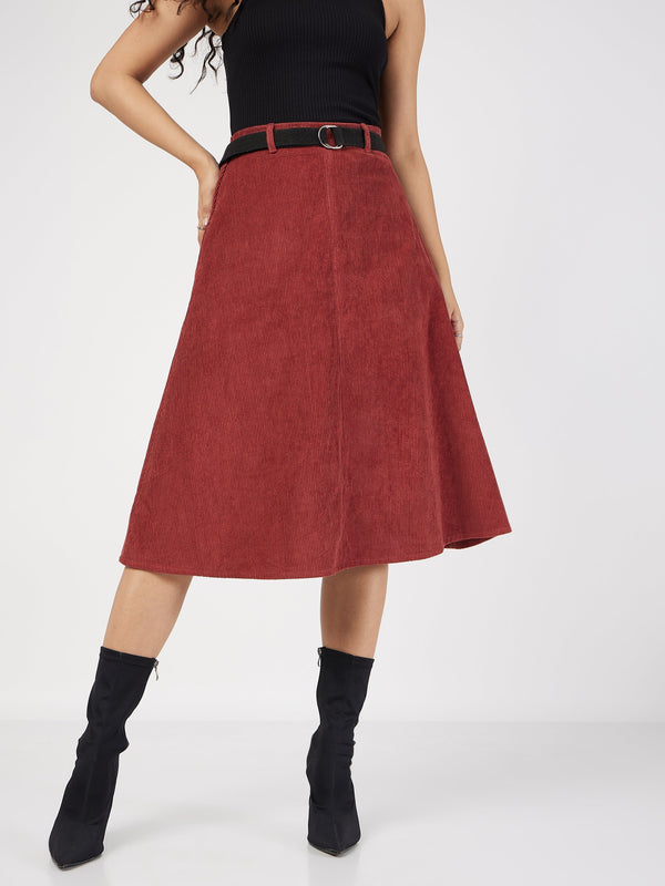 Women's Rust Corduroy A-Line Midi Skirt - Lyush