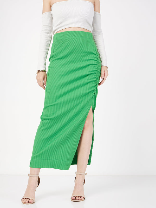 Women's Green Rib Front Ruched Midi Skirt - Lyush