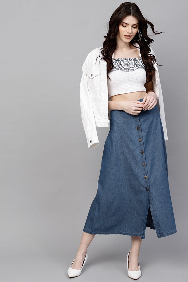 Women's Blue Denim Longline Buttoned Skirt - SASSAFRAS