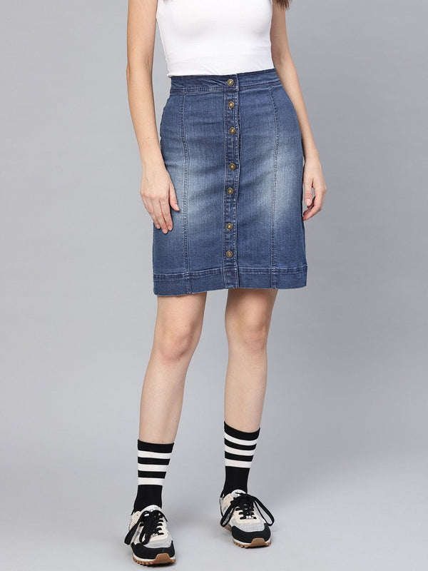 Women's Denim Blue Washed Short Skirt - SASSAFRAS