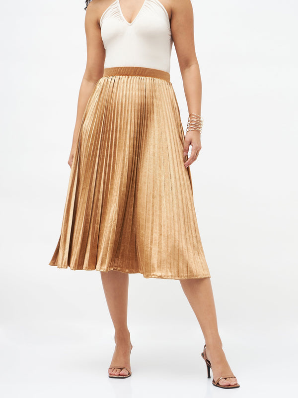 Women's Gold Velvet Pleated Skirt - Lyush