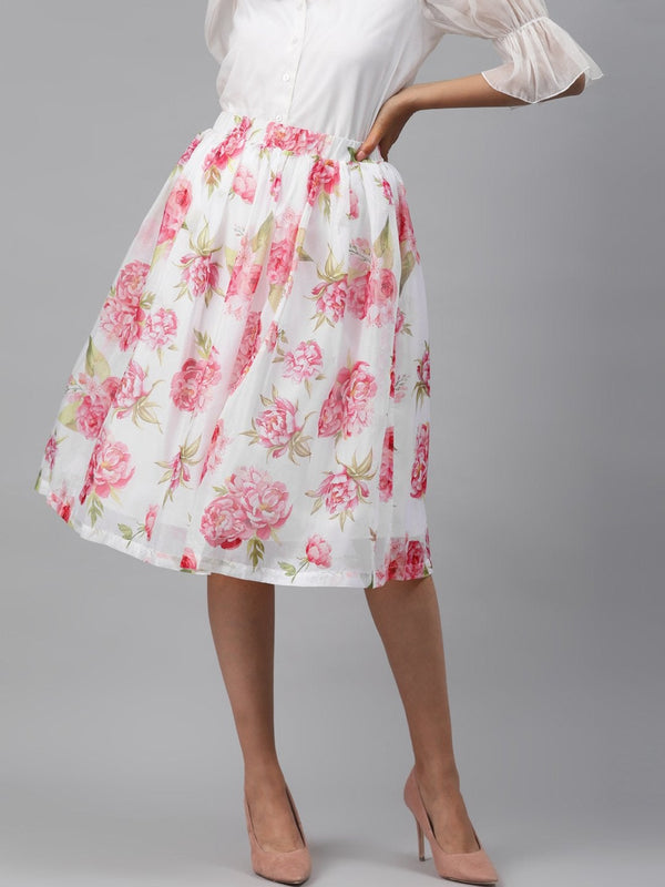 Women's White Floral Gathered Skirt - SASSAFRAS