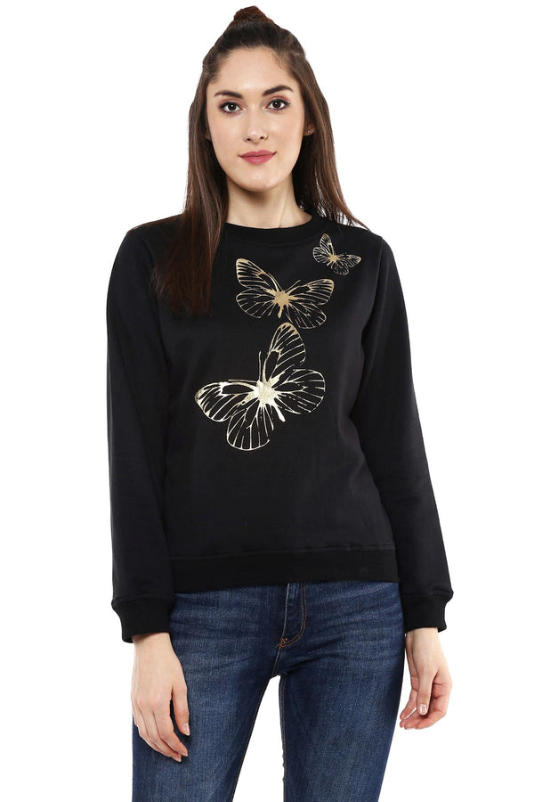 Women's Black Sweatshirt With Foil Print - SASSAFRAS