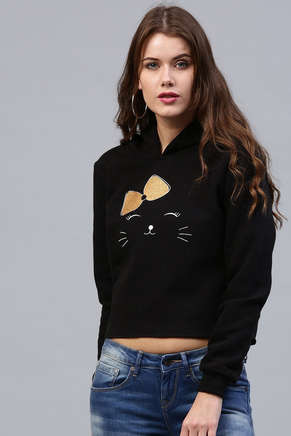 Women's Bow Kitty Black Sweatshirt - SASSAFRAS