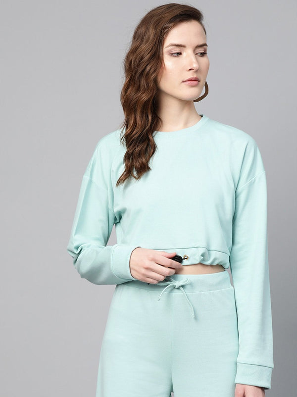 Women's Sea Green Drawstring Crop Sweatshirt - SASSAFRAS