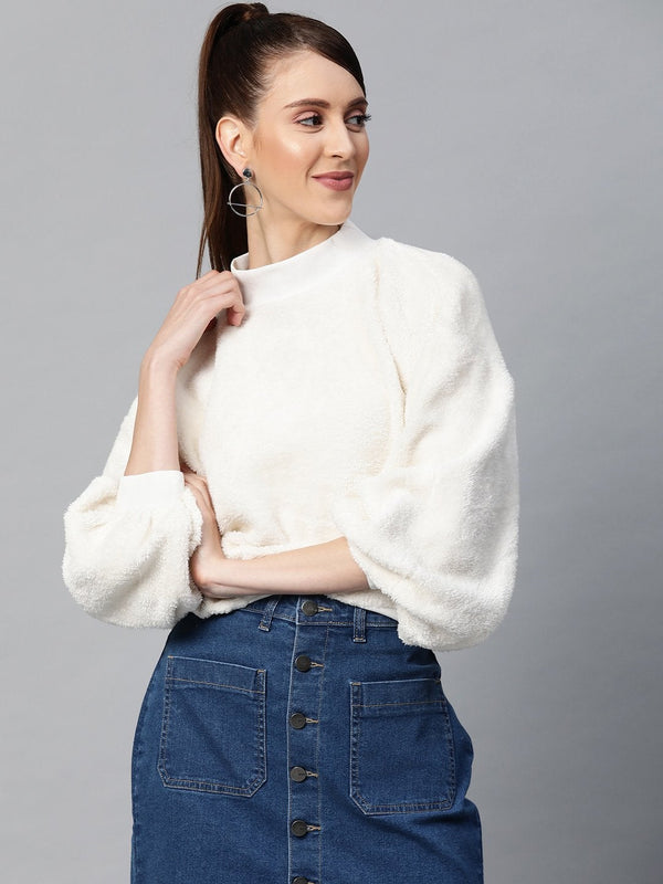 Women's White Balloon Sleeve Faux Fur Sweatshirt - SASSAFRAS