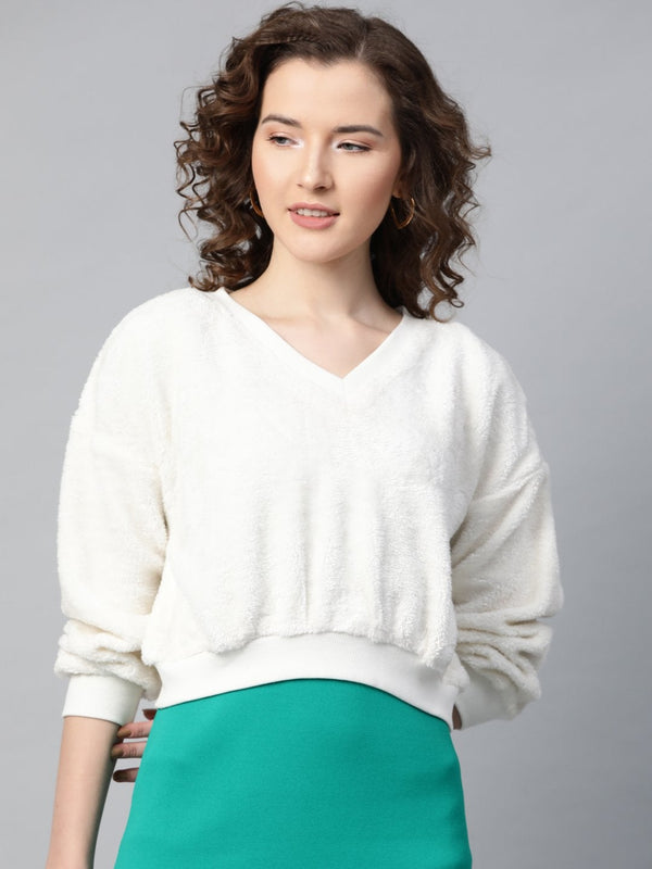 Women's White V-Neck Faux Fur Crop Sweatshirt - SASSAFRAS