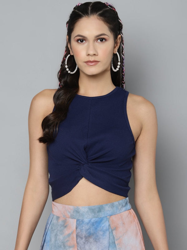 Women's Navy Blue Front Knot Crop Top - SASSAFRAS