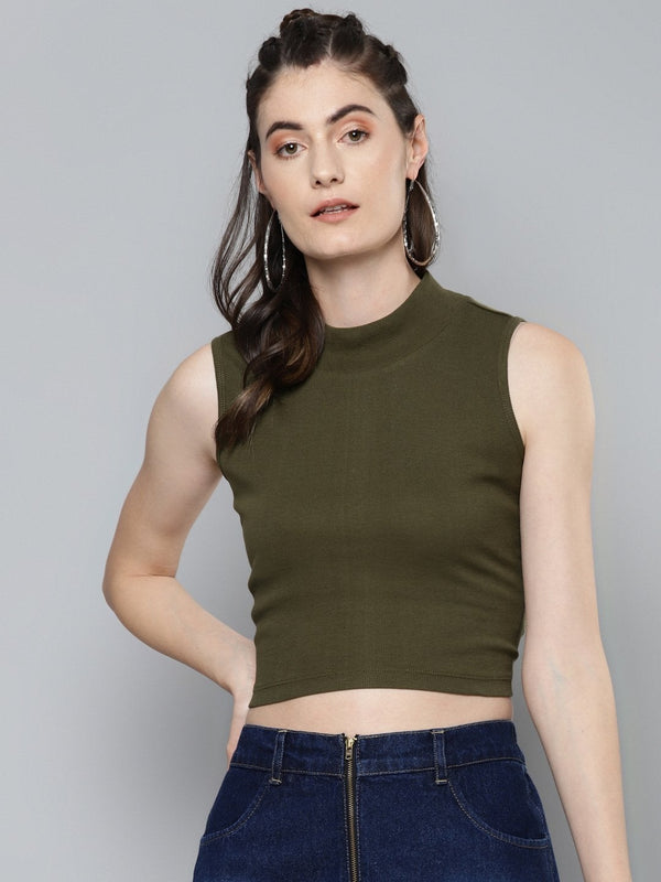 Women's Olive High Neck Crop Top - SASSAFRAS