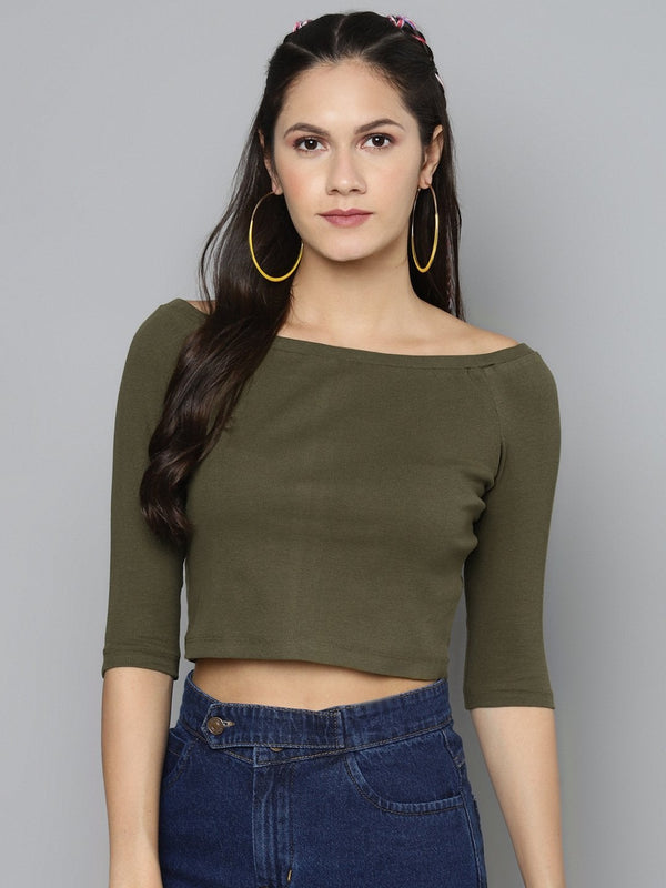 Women's Olive Bardot Crop Top - SASSAFRAS