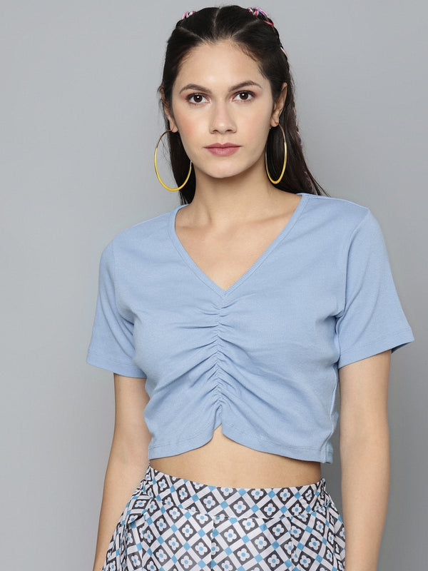 Women's Blue Gather Detail Crop Top - SASSAFRAS