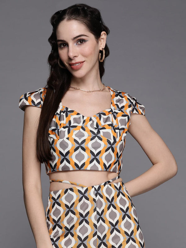 Women's Mustard Geometric Print Cap Sleeves Crop Top - Lyush