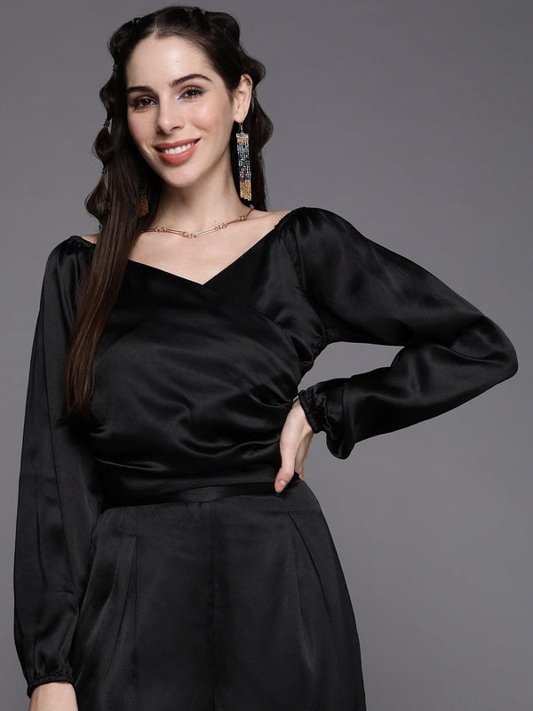 Women's Black Satin Gathered Crop Bustier Top - Lyush