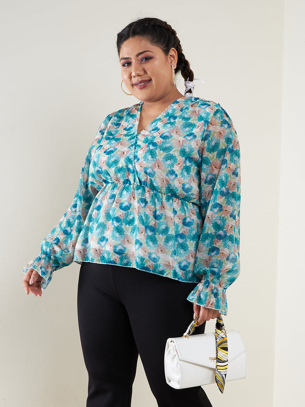 Women's Teal Floral Printed Top - SASSAFRAS